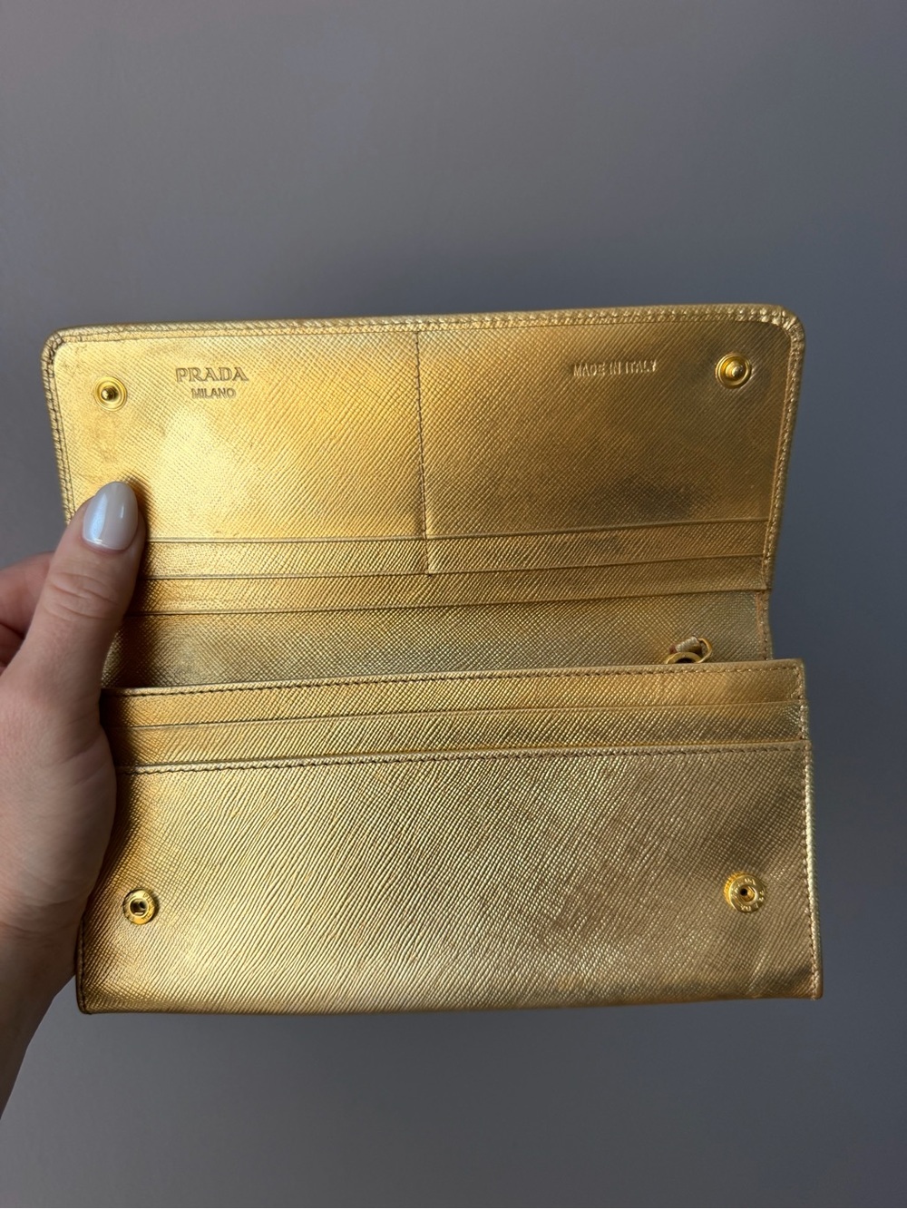 Authentic Vintage Prada Metallic Gold Saffiano Continental Clutch Wallet - Picture 14 of 16